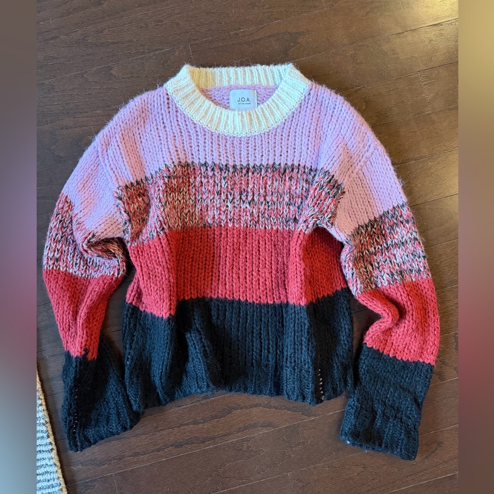 J.O.A. Striped Chunky Knit Crewneck Sweater — Pink, Red, Black